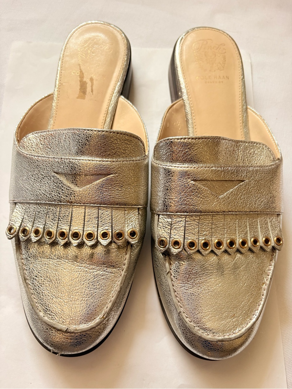 Cole Haan Silver Metallic Pinch Maine Classic Fringe Leather Mules Size 7B